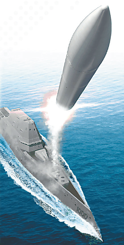 外形科幻的“朱姆沃尔特”级驱逐舰，未来将率先装备高超音速导弹。