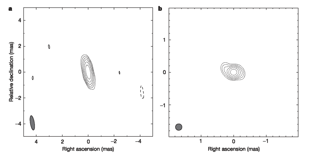 图二：Sgr A*在3毫米的CLEAN图像,左右两图分别对应使用椭圆和圆状洁束重建的图像（图片来源：沈志强等 2005）