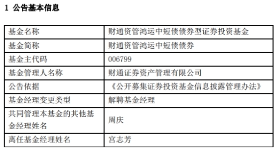 财通证券资管宫志芳离任3只基金