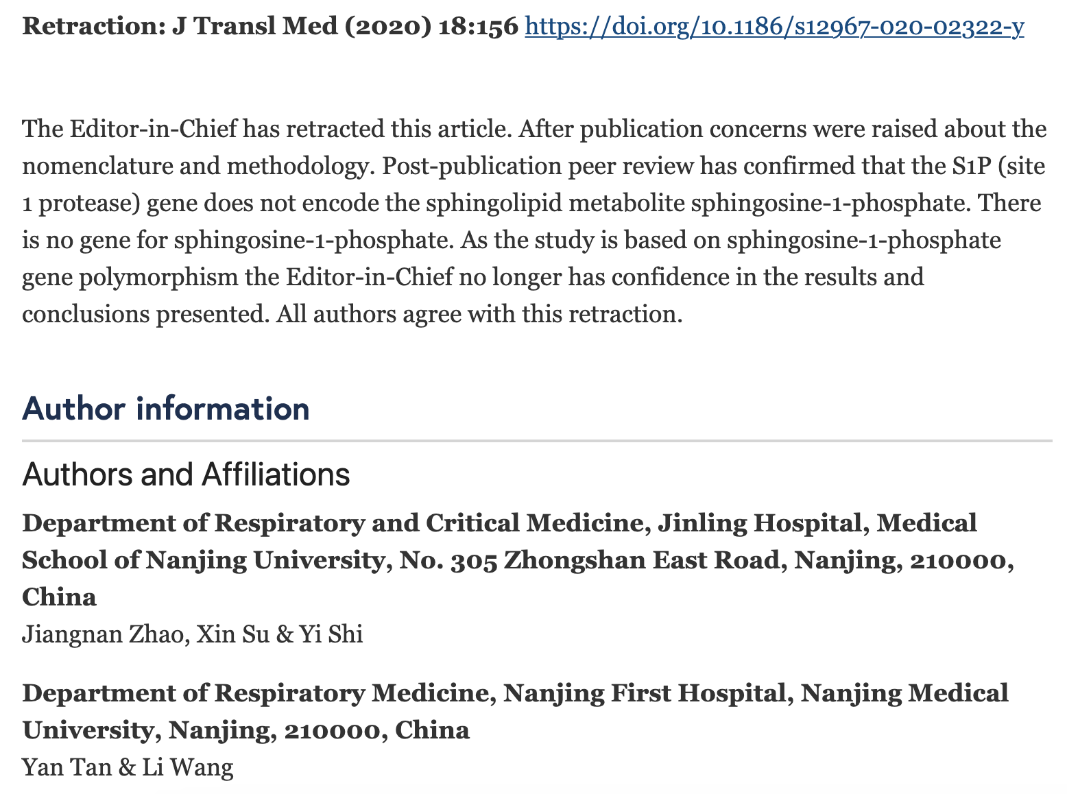 撤稿说明称,不存在1-磷酸鞘氨醇(S1P)基因。