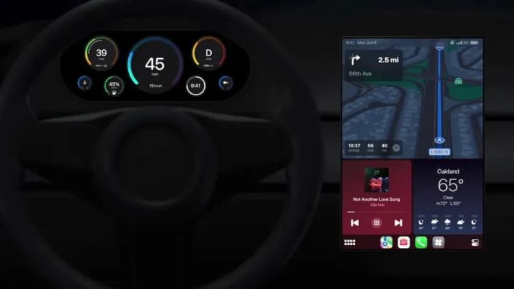 新版 CarPlay 同时接管仪表盘和中控娱乐系统屏幕的效果    图片来源：苹果