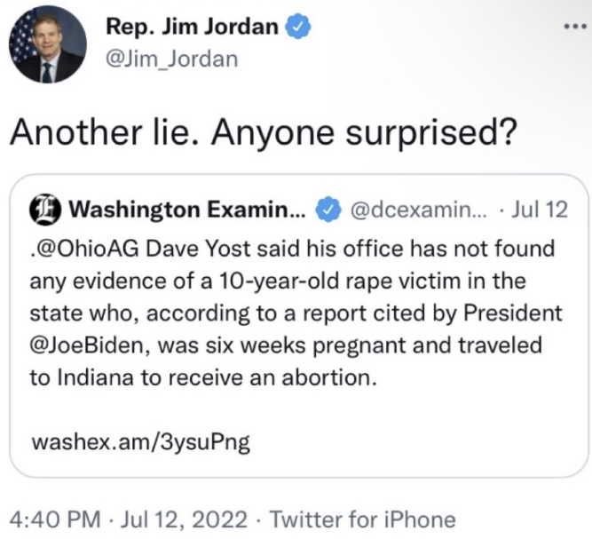 共和党议员吉姆·乔丹(Jim Jordan)社交平台推文截图 (目前已删除)