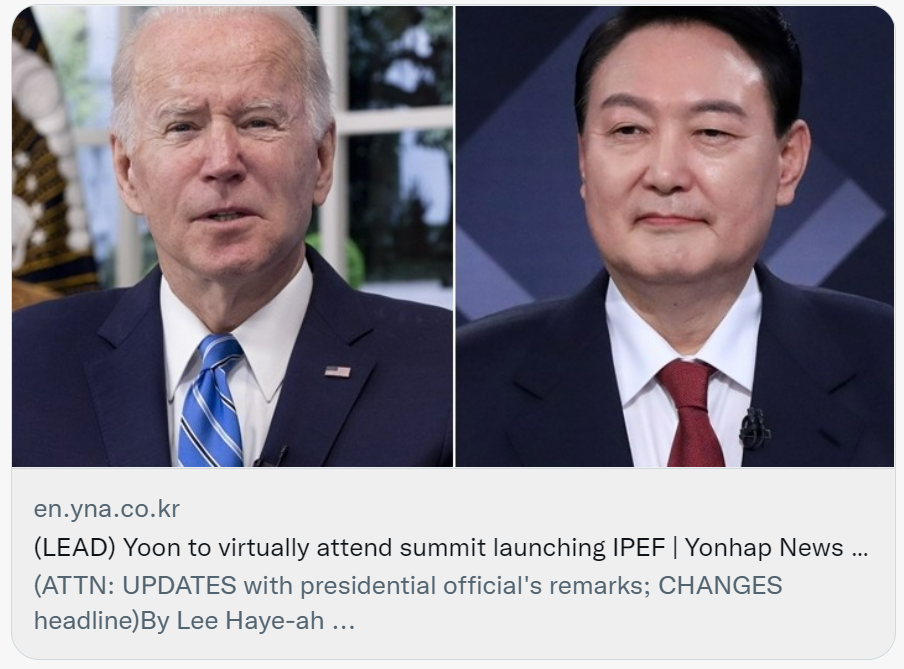 韩国总统尹锡悦预计将以视频形式参加启动IPEF的峰会。 社交媒体截图