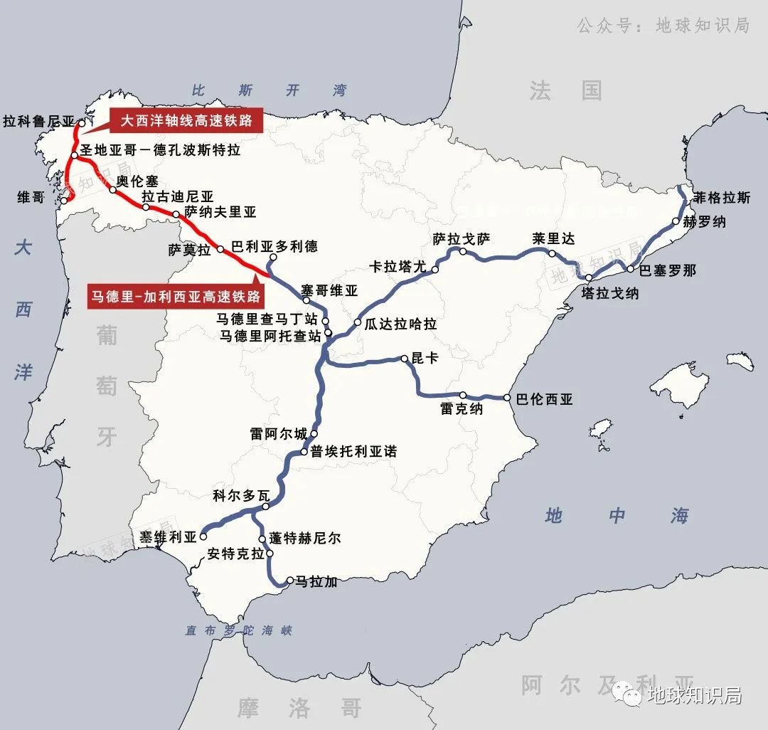 未来，西班牙的大西洋轴线高铁还计划延伸至葡萄牙波尔图。