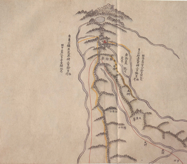 (朝鲜王朝)金正浩1861年所绘制的《东舆图》之局部,上标有天池、定界碑(即穆克登碑)、分水岭、胭脂峰、水堆、木栅等地方。该图反映了十八世纪朝鲜方面的认识。