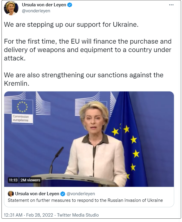 欧盟委员会主席冯德莱恩：“这是欧盟首次向备受袭击的国家提供军事援助。”