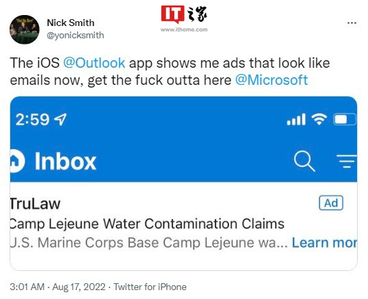 微软在移动端Outlook应用中引入更多广告 看起来像邮件