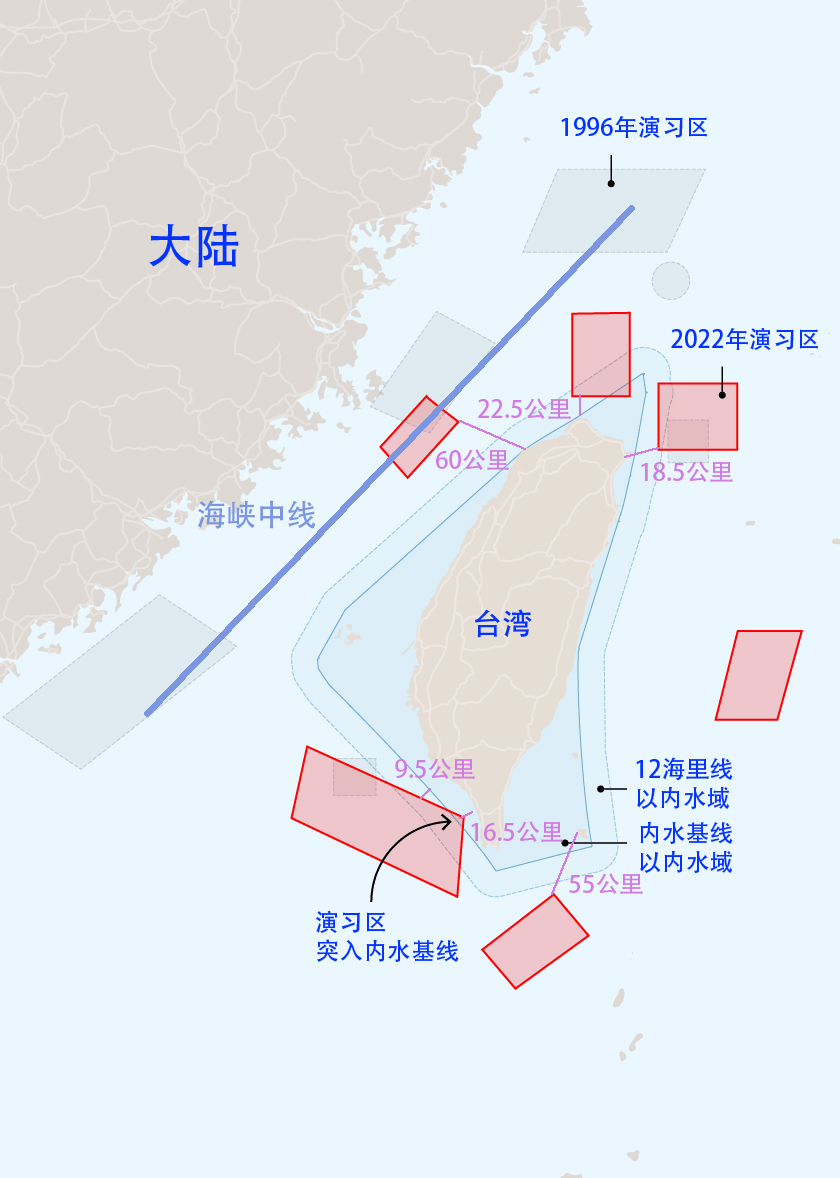1996年军演区域（黑色）与当前军演区域（红色），蓝色为所谓的“海峡中线”，棕色为12海里线