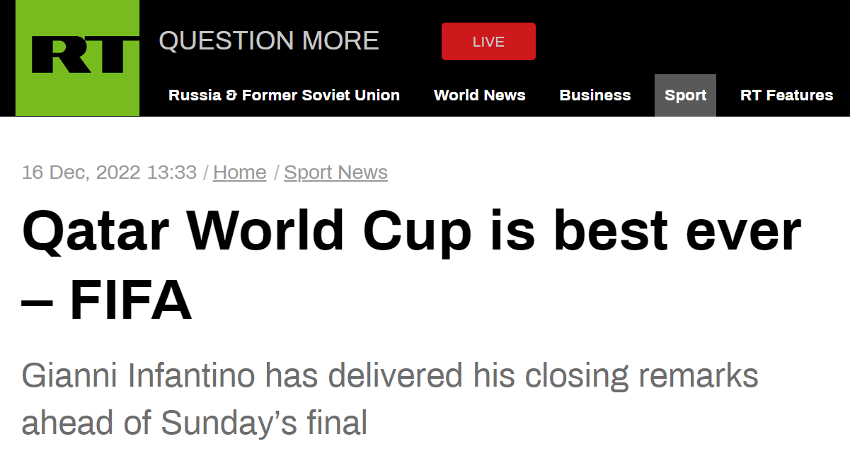 RT：国际足联（主席因凡蒂诺）称，卡塔尔世界杯是有史以来最好的世界杯