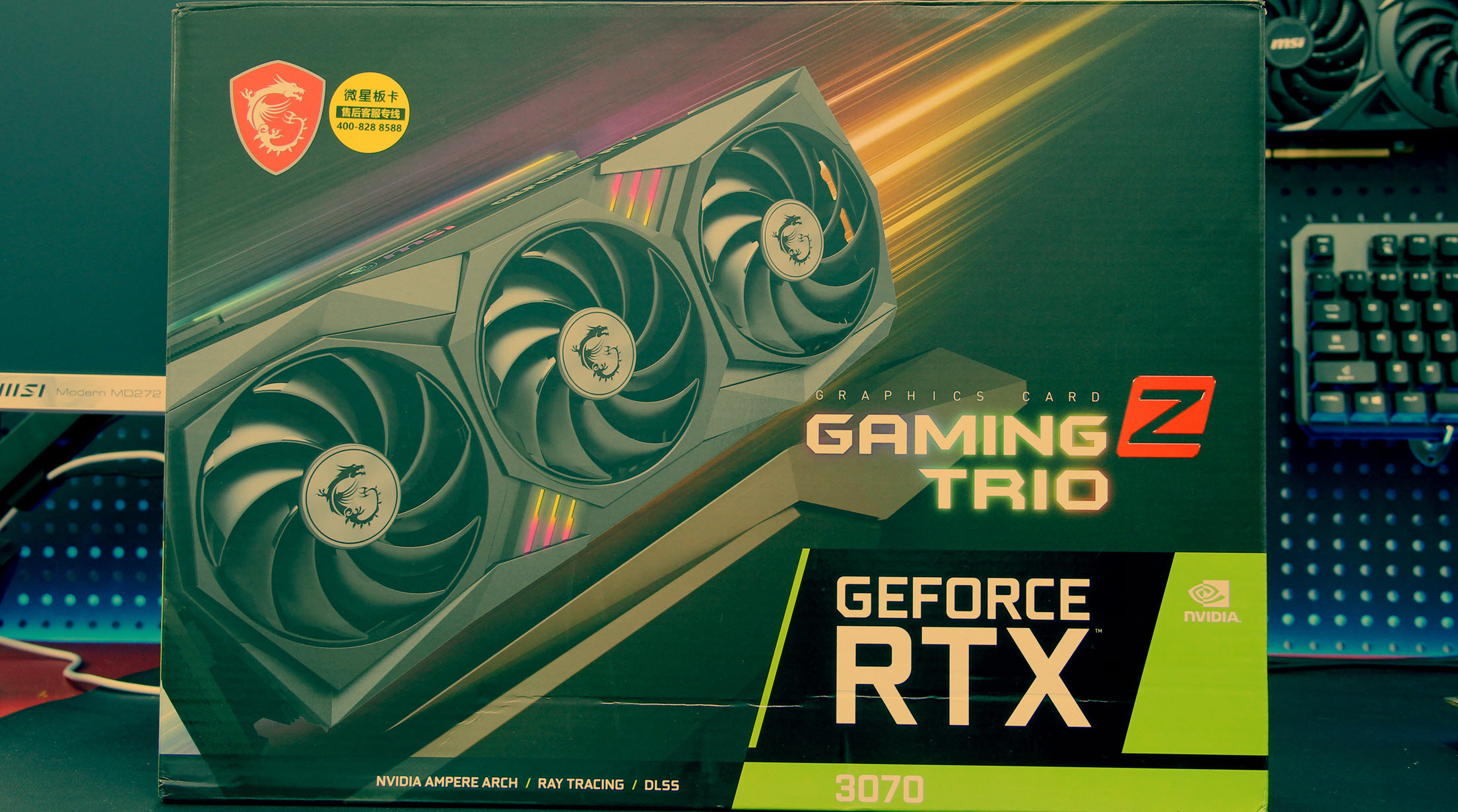 从微星rtx 3070 gaming z trio 8g lhr三眼魔龙的包装背面就能看出