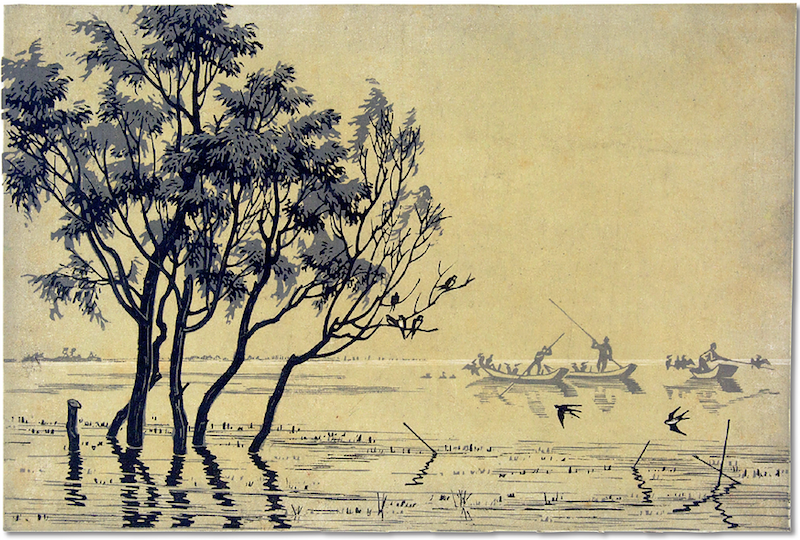 李桦《捕鱼》，套色水印木刻，22x33cm, 1956