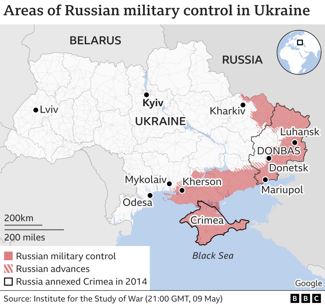 ◆5月9日，俄军在乌克兰前线情况示意图，红色为俄军控制区域，红色条纹为俄军前进方向。
