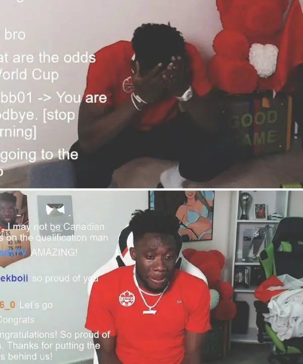 看到球队出线,阿方索·戴维斯泪流满面。