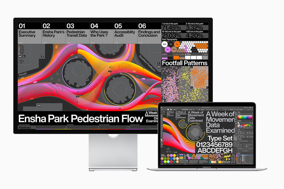 使用 MacBook Pro 和 Studio Display 显示的平面设计工作流。