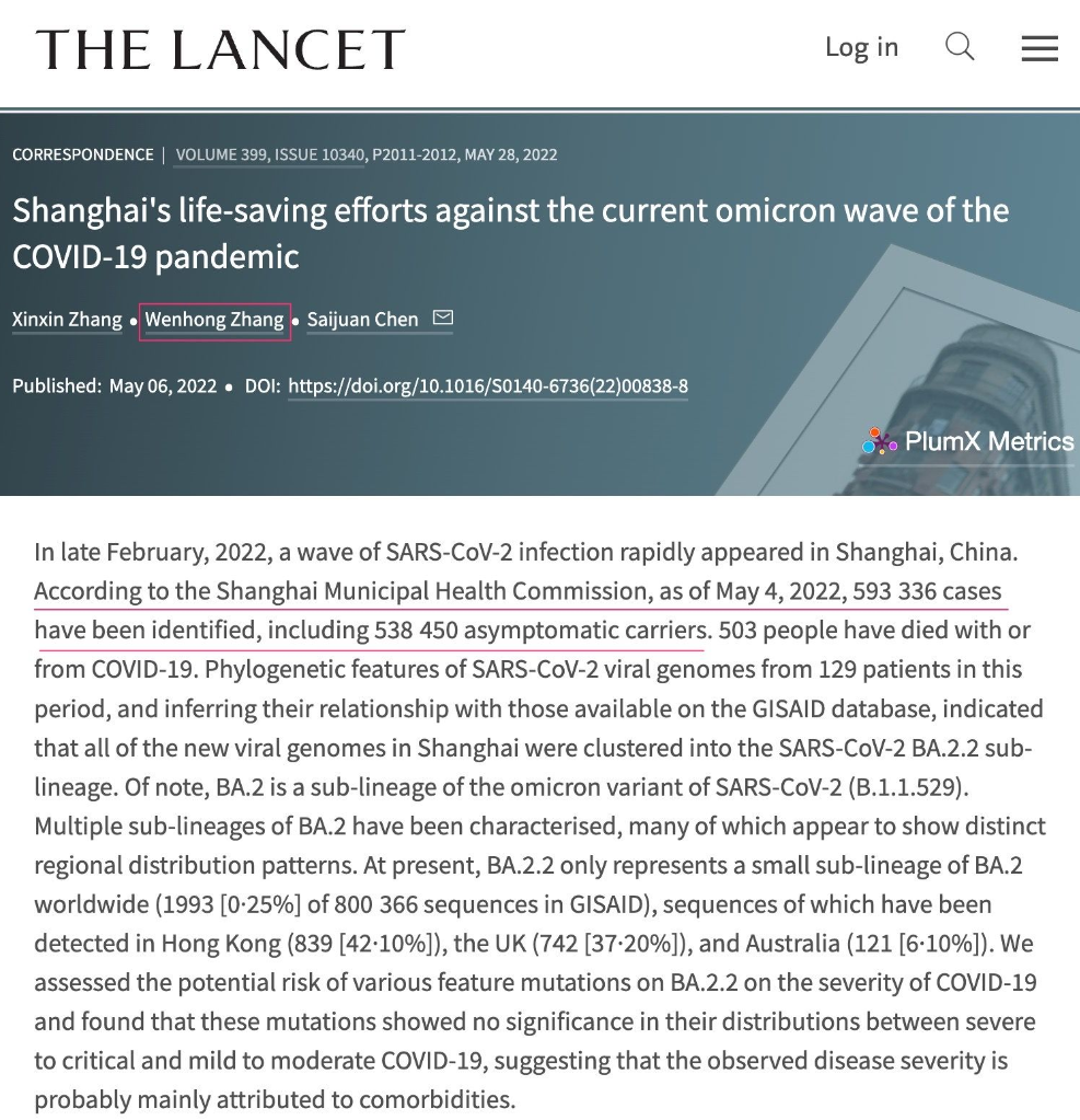 6月22日发表于《柳叶刀》上有张文宏署名的论文,红线部分称”上海疫情期间已发现病例593336例,其中无症状携带者538450例“,按此数据粗略计算无症状比例高达90.7%,之后被各路媒体自媒体广泛宣传