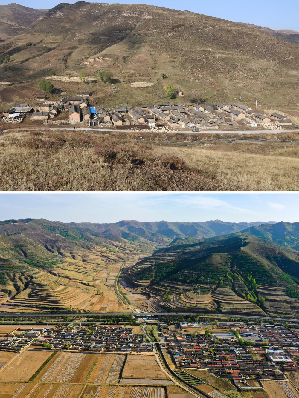 拼版照片:上图为山西省忻州市岢岚县宋家沟村村民在整村搬迁前居住的房屋(资料照片);下图为2020年5月9日拍摄的山西省忻州市岢岚县宋家沟村(无人机照片,新华社记者曹阳摄)。新华社发