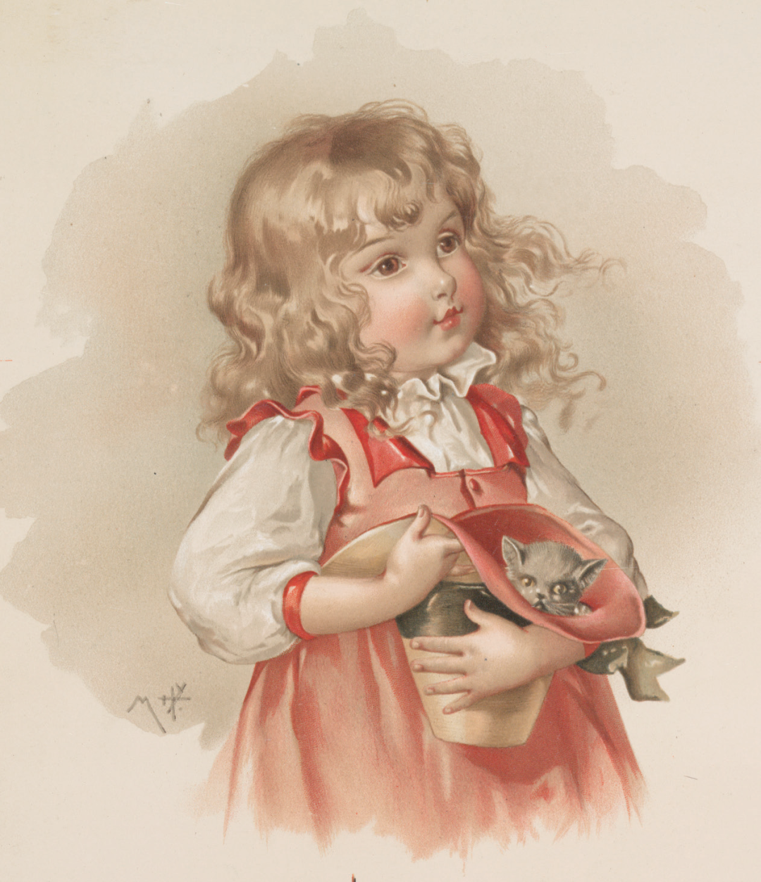 1890年，一张圣诞卡上的猫和女孩，由波兰裔印刷商路易·普朗（Louis Prang）设计。彼时猫又重新回到了人类的怀抱。