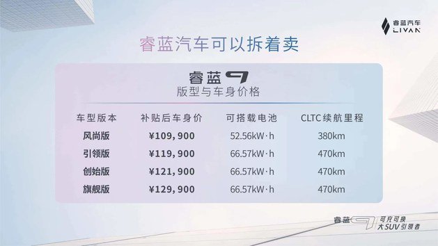 睿蓝9上市 车身售价10.99万起/多种电池方案