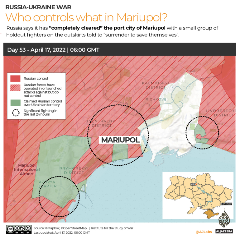 截至格林威治时间4月17日6时（北京时间4月17日下午2时）的马里乌波尔局势。图片来源：半岛新闻