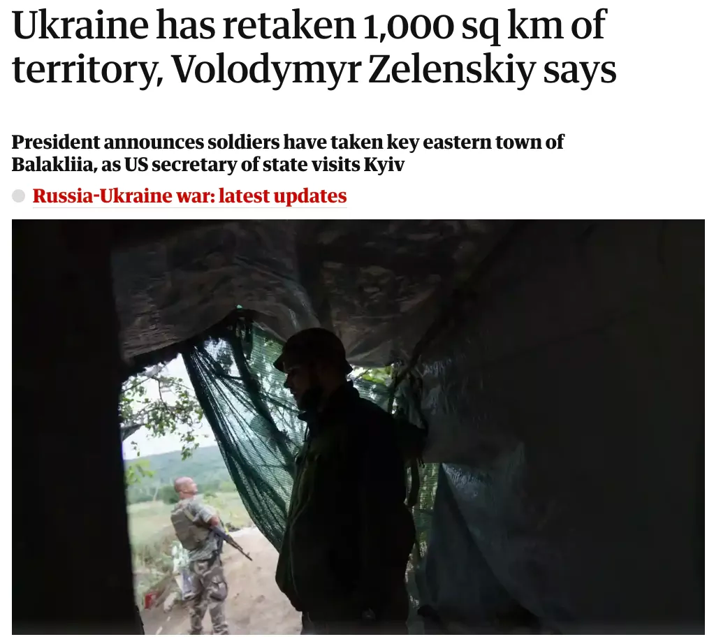 泽连斯基称，在美国国务卿布林肯访问基辅时透露，9月以来乌已克复上千平方公里失地 图：英国《卫报》网站报道截屏