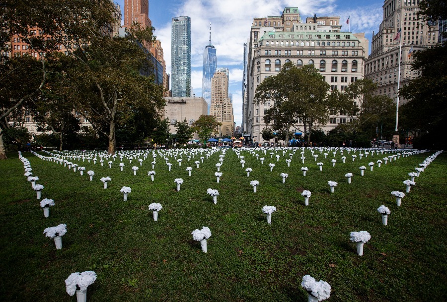 这是2021年10月8日在美国纽约炮台公园内拍摄的为悼念枪支暴力遇难者摆放的白色瓶花。（新华社记者王迎摄）