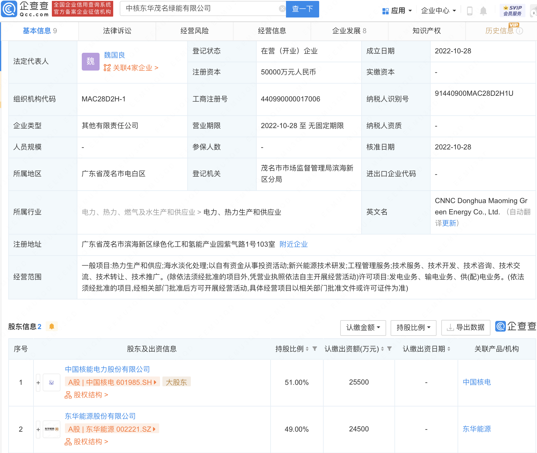 中国核电联合东华能源新设绿能公司，注册资本5亿元