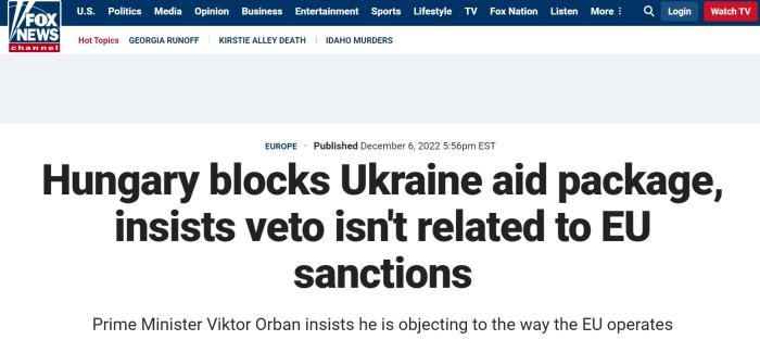 匈牙利阻止欧盟对乌克兰援助计划。图片来源：美国福克斯新闻网报道截图