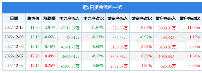 广汽集团（601238）12月12日主力资金净卖出5715.57万元