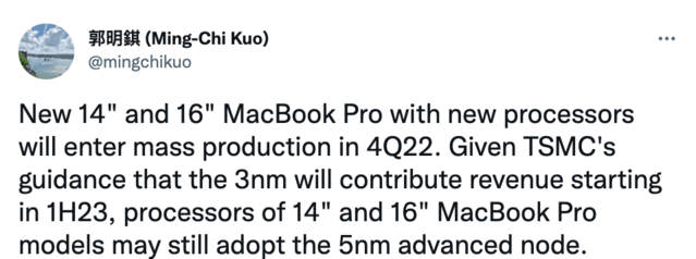 郭明錤爆料新Macbook Pro将依然搭载M2处理器