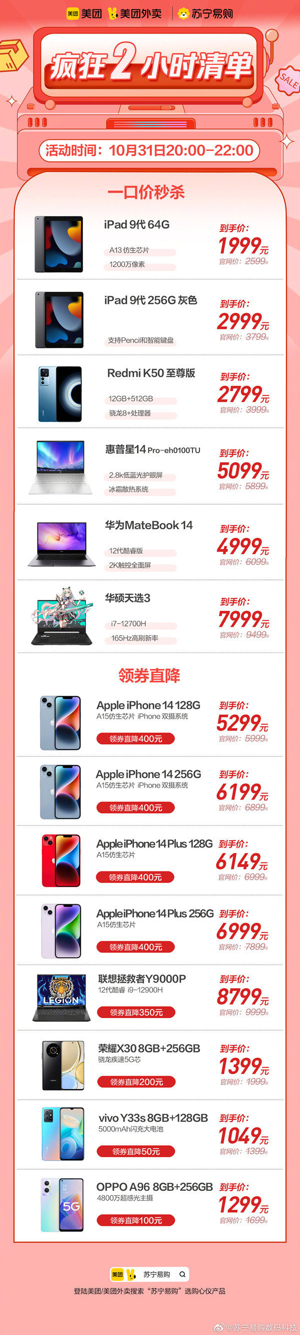 美团/苏宁易购iPhone 14券后5299