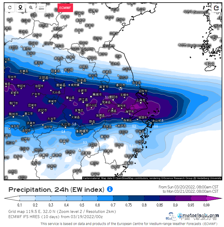 ECMWF判断的本次暴雨极端指数，来自meteologix