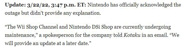 任天堂回应Wii和DSi商店关闭：正在进行维护