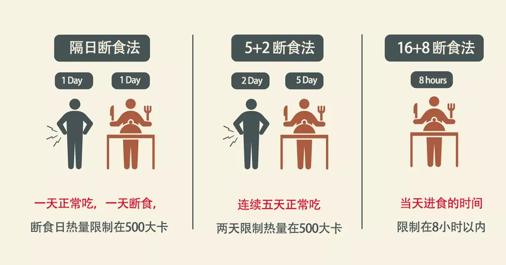 轻断食主要有3种:隔日轻断食,5 2轻断食和16 8断食法.