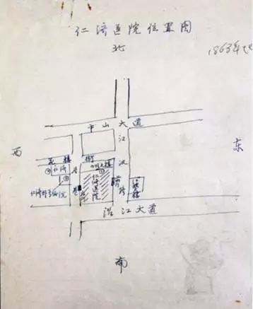 早期汉口仁济医院方位示意图，武汉协和老医师胡崇道先生 1982 年手绘（武汉协和）