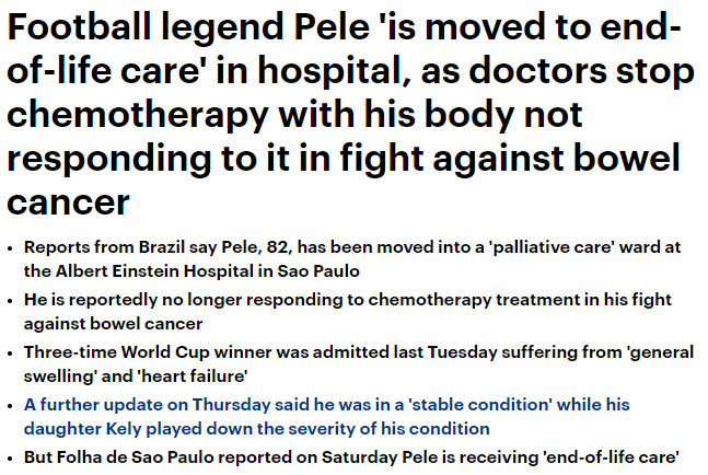 《每日邮报》援引巴西媒体消息，确认贝利已经转入临终姑息病房。
