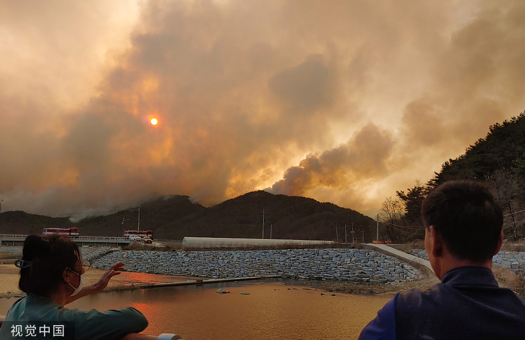 当地时间2022年4月10日,韩国江原道杨口郡,当地发生森林火灾,浓烟滚滚。