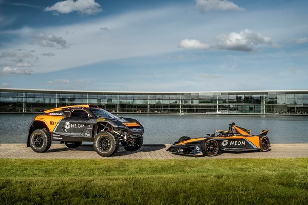 the neom mclaren extreme e and formula e race cars