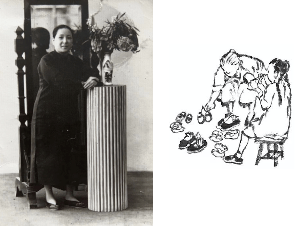 ▲左：蔡皋外婆。右：“帮外婆纳鞋底”，蔡皋根据回忆所画