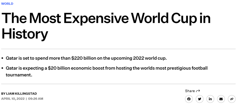 网络上流传的“卡塔尔为世界杯花费2200亿美元”的说法来自美国体育金融咨询公司Front Office Sports在今年4月的预测。
