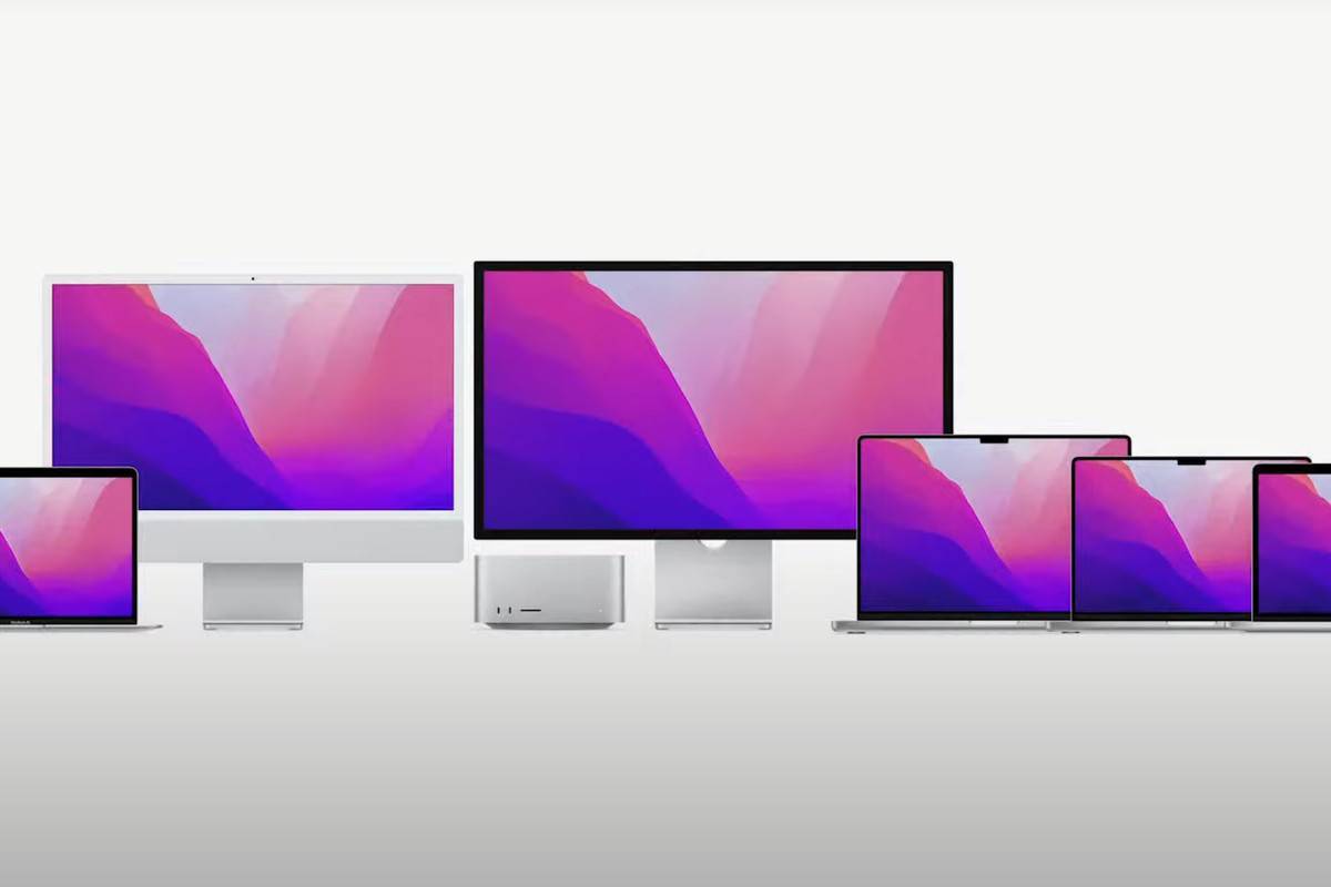 ▲ 搭载 M 系列芯片的 Mac 们（除了左四的 Studio Display，它搭载的是 A13）.