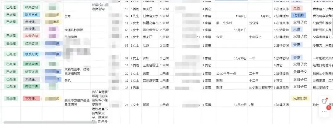 家暴求助小程序回访统计表,包括处理进度,求助需求和留言等内容。受访者供图
