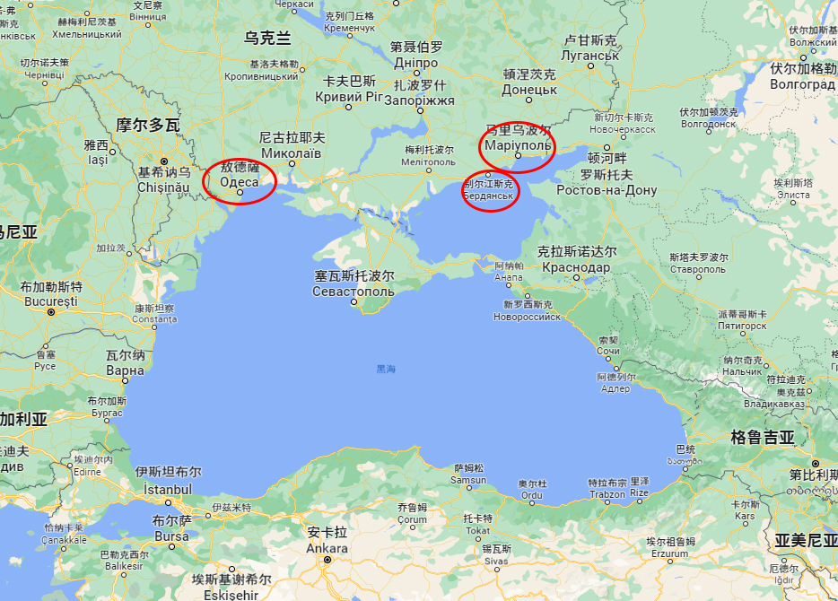 黑海周边，3个红圈处为乌克兰两条海运路线的3个港口。谷歌地图截图