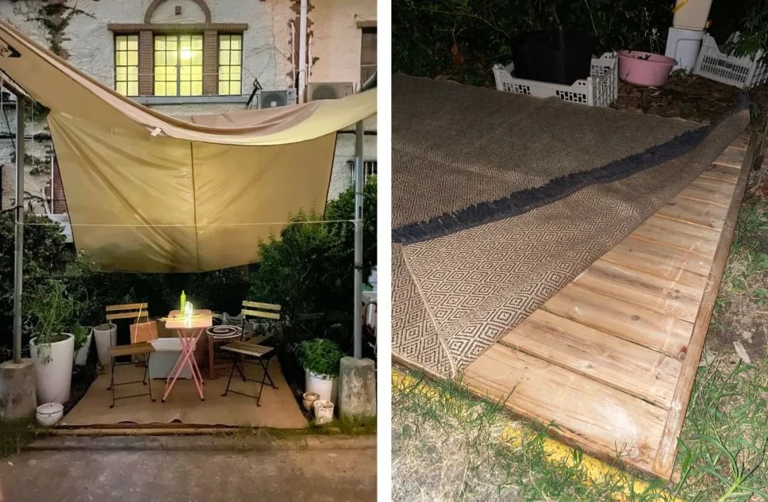 ▲依靠捡来的宝,波妞和室友拥有了户外小花园,地垫是由捡来的床板改造而成,床板的搬运破费周折,也让波妞感受到了上海温暖可爱的一面
