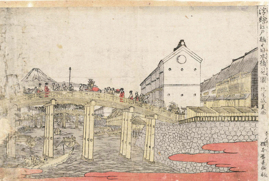 《从江户桥看日本桥》，北尾政美作，选自《浮绘》系列，彩色木刻版画，1781年—1789年。严格采用透视法带来的一个问题是，城堡的重要意义被大大削弱了