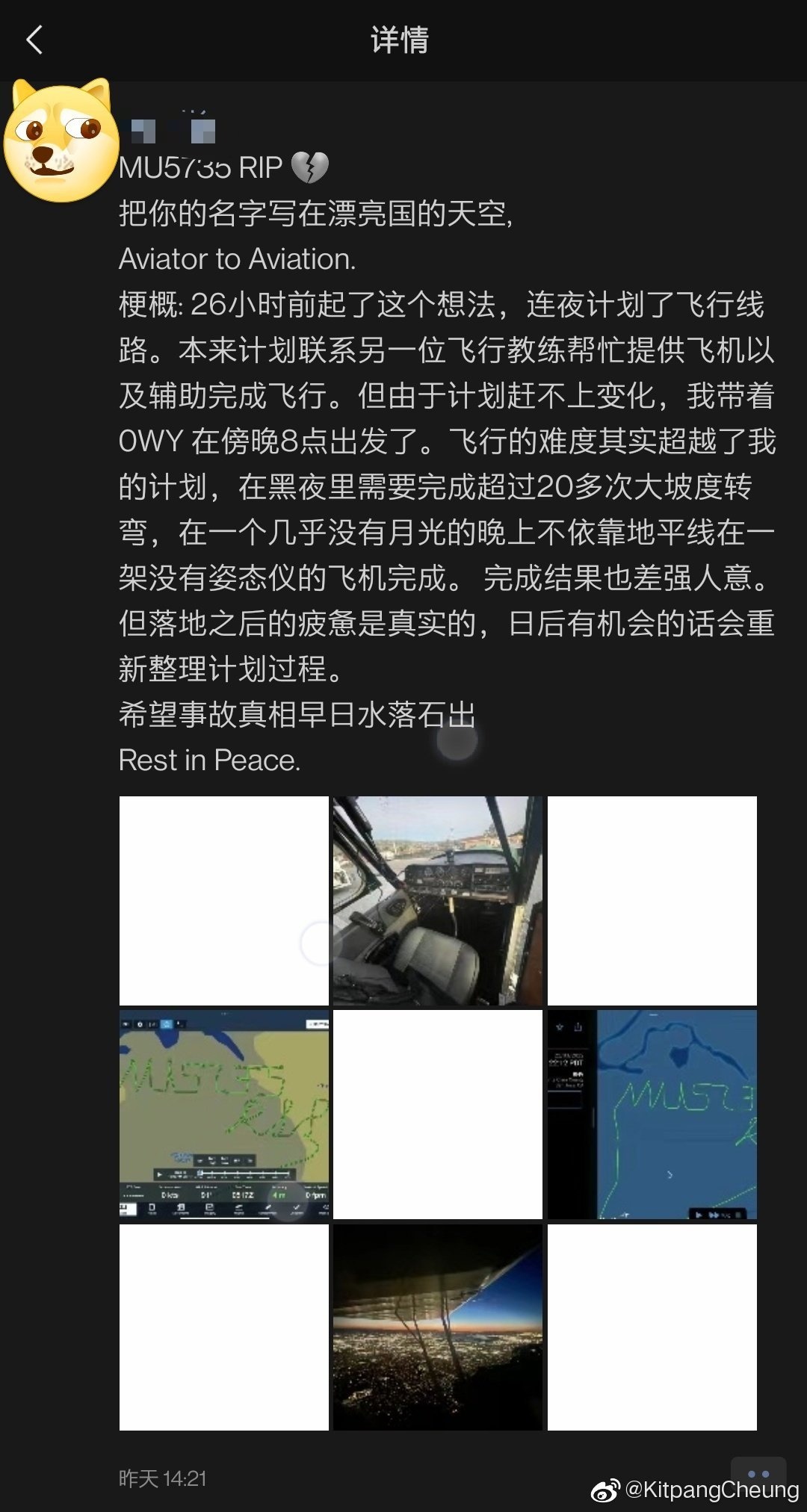 为遇难者哀悼，在美飞行员用轨迹写下“MU5735 RIP”__凤凰网