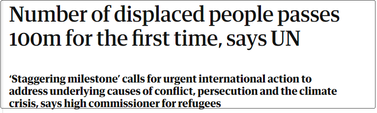 联合国：全球难民及国内避难民众等总数首次超过1亿人。来源：《卫报》