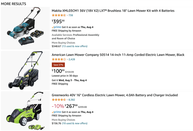 亚马逊上搜索“割草机”的结果显示 都是手推式产品