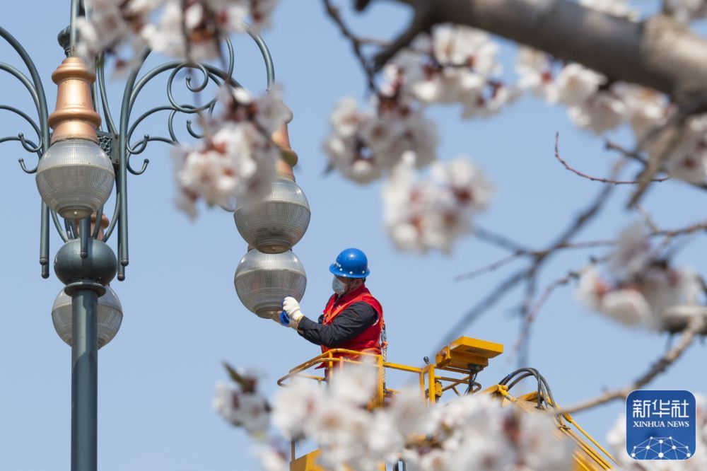 4月29日,在哈尔滨市松北区,国家电网黑龙江电力(李庆长)共产党员服务队队员在检修路灯。新华社记者 谢剑飞 摄