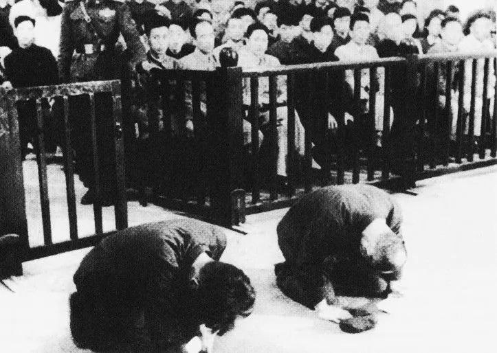 1956年,日本战犯在沈阳特别军事法庭上跪地谢罪。