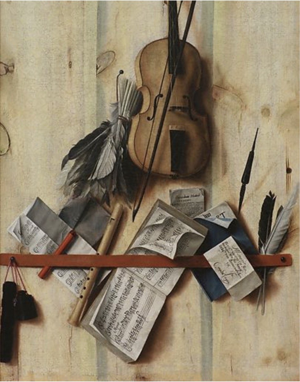 吉斯布莱希茨，《小提琴、乐谱和竖笛的错视画》，1672年